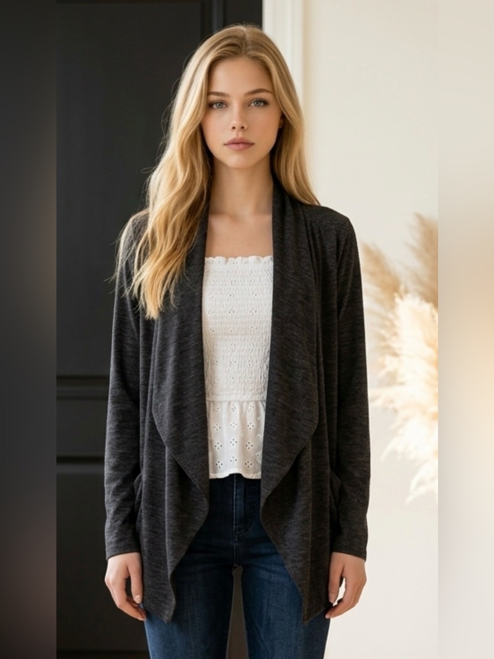 Women's Open-Front Draped Cardigan Sweater in Charcoal
